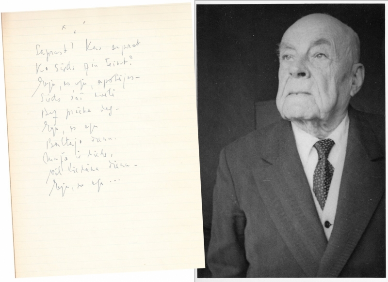 Miķeļa Valtera fotogrāfija un burtnīcas lapa ar viņa dzejoli