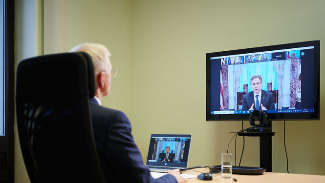 Minister of Foreign Affairs, Krišjānis Kariņš, participating in a G7+ Foreign Ministers video meeting