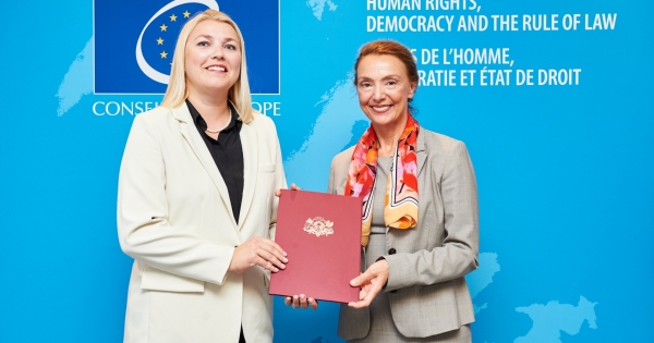 The Ambassador of Latvia Agnese Vilde submits credentials to the Secretary General of the Council of Europe