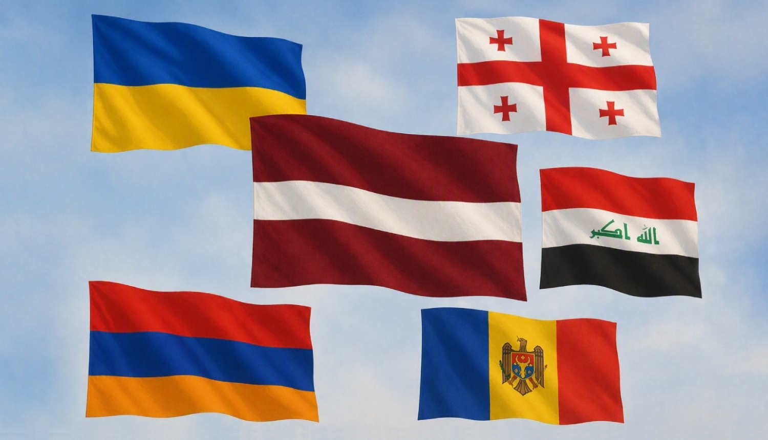Latvijas, Armēnijas, Gruzijas, Irākas, Ukrainas un Moldovas karogi