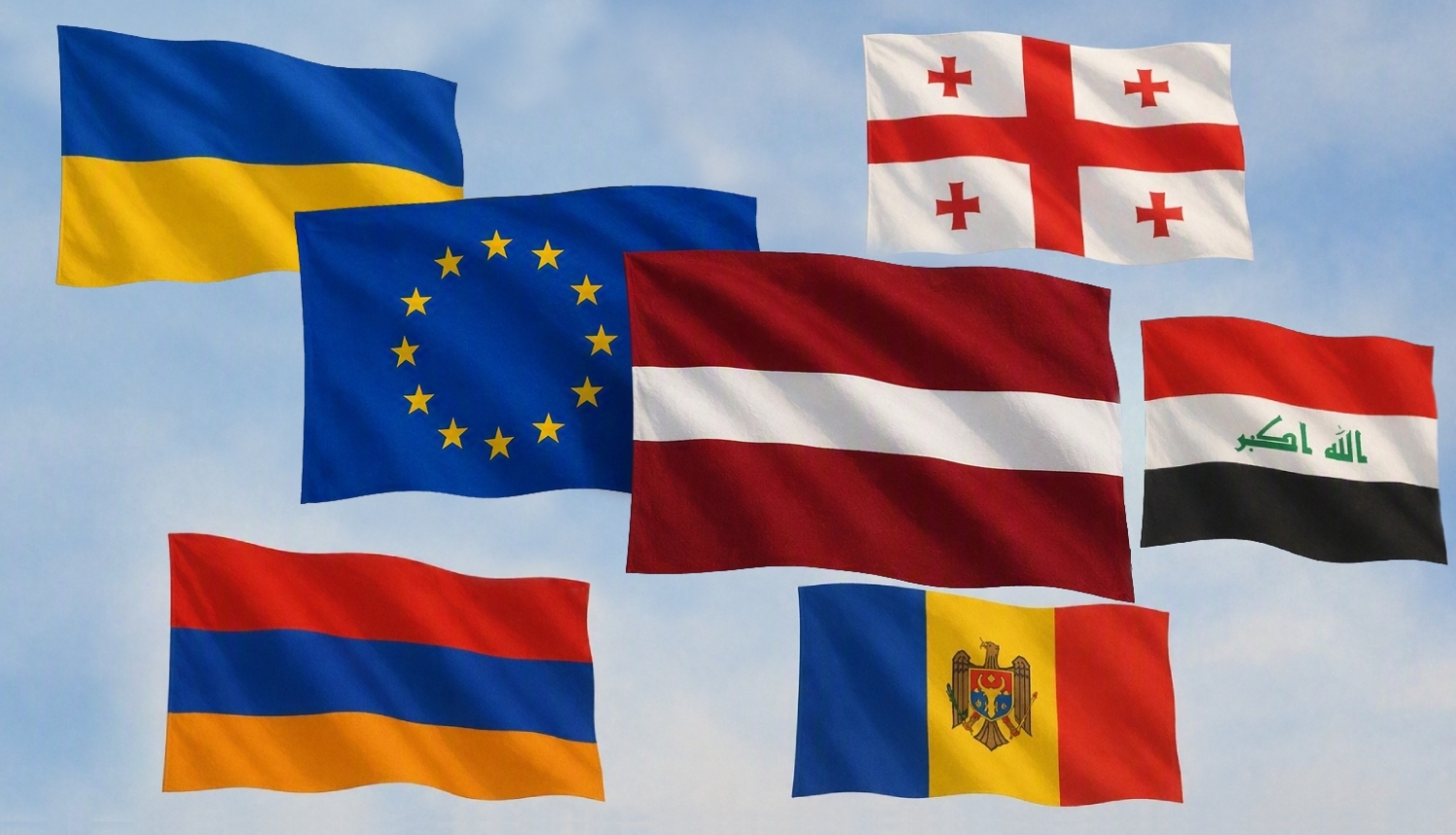 Eiropas Savienības, Latvijas, Armēnijas, Gruzijas, Irākas, Ukrainas un Moldovas karogi