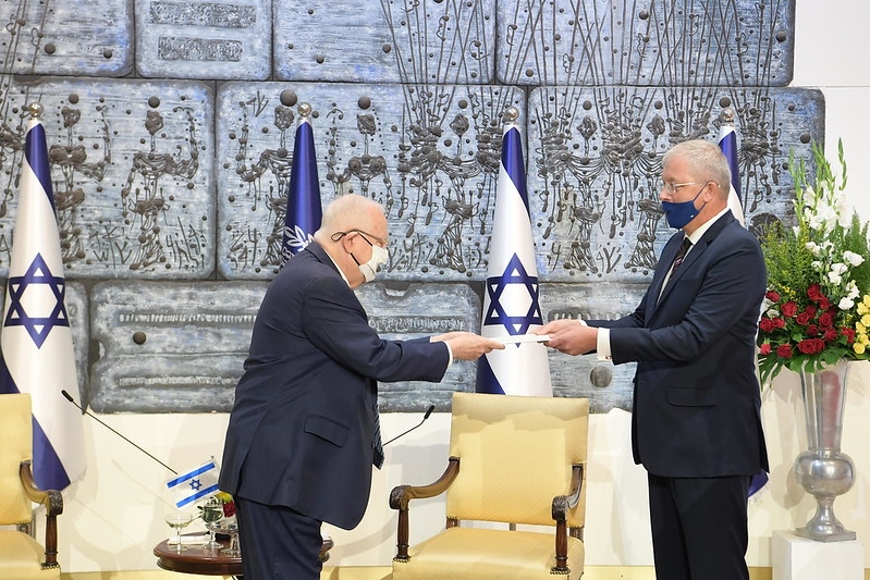 Latvian Ambassador Aivars Groza presents his credentials to the President of the State of Israel