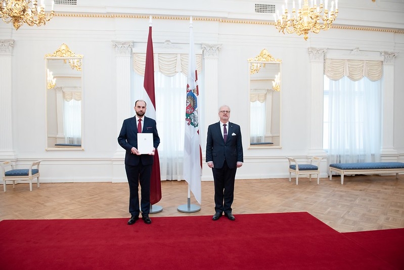 The new Latvian Ambassador to the Republic of Korea, Āris Vīgants, receives his credentials from the President of Latvia