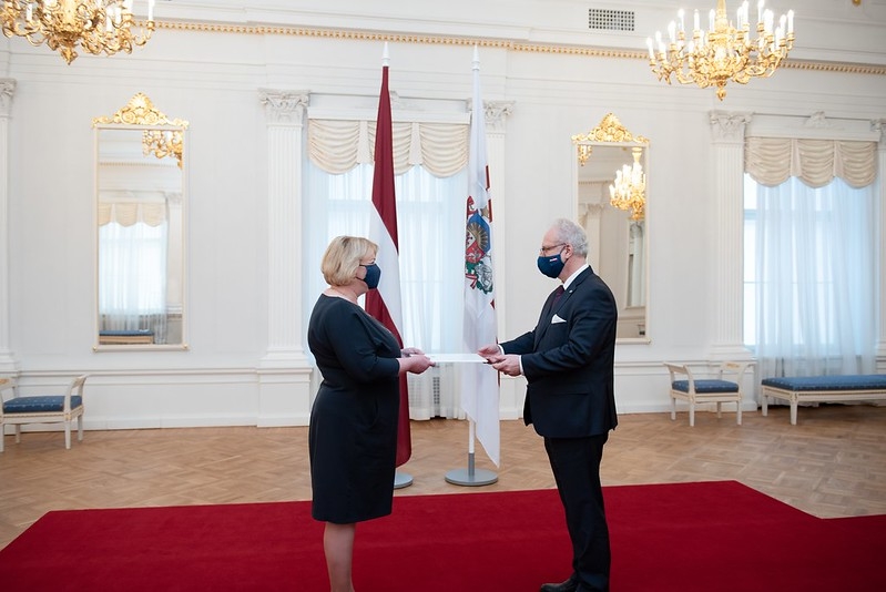 The new Latvian Ambassador to Kazakhstan, Irina Mangule, receives her credentials from the President of Latvia