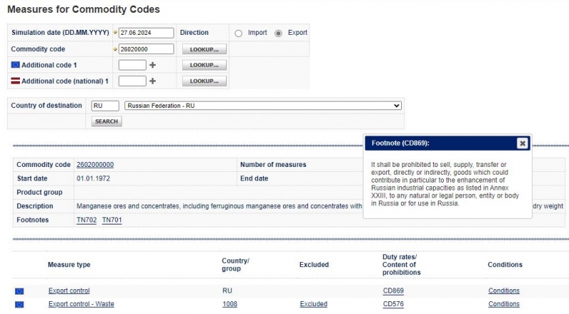 Screenshot of manganese ore footnote CD869