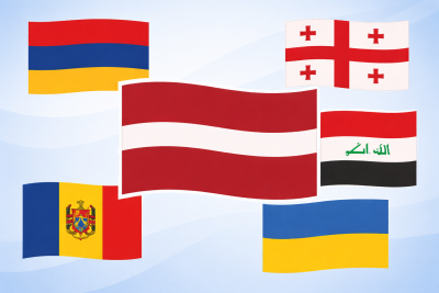 Latvijas, Armēnijas, Gruzijas, Irākas, Ukrainas un Moldovas karogi