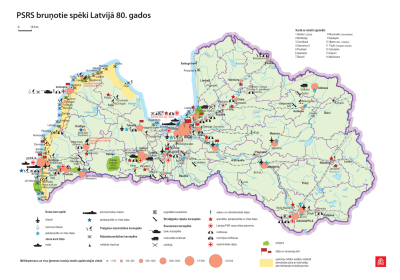 Karte, kurā atzīmēts PSRS armijas daļu izvietojums Latvijas teritorijā 80. gados