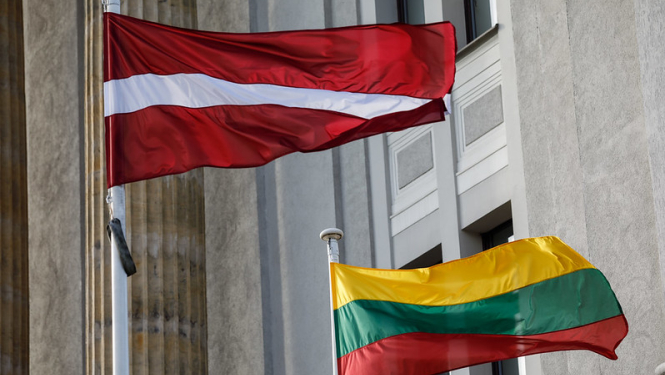  Latvian and Lithuanian flags at the building of the Ministry of Foreign Affairs