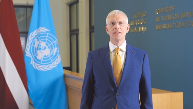 Ārlietu ministrs Krišjānis Karinš uzrunā ANO
