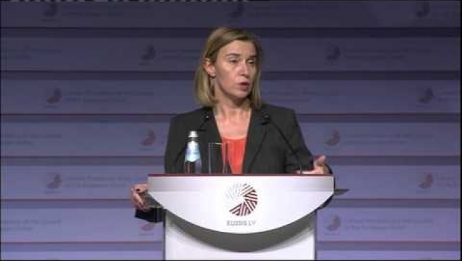 E.Rinkēviča un F.Mogerīnī preses konference pēc Gymnich sanākmes pirmās dienas 06.03.2015