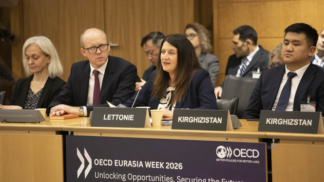 Valsts sekretāra vietniece ekonomisko attiecību jautājumos Ivita Burmistre un vēstnieks Andris Pelšs pie OECD sanāksmju galda