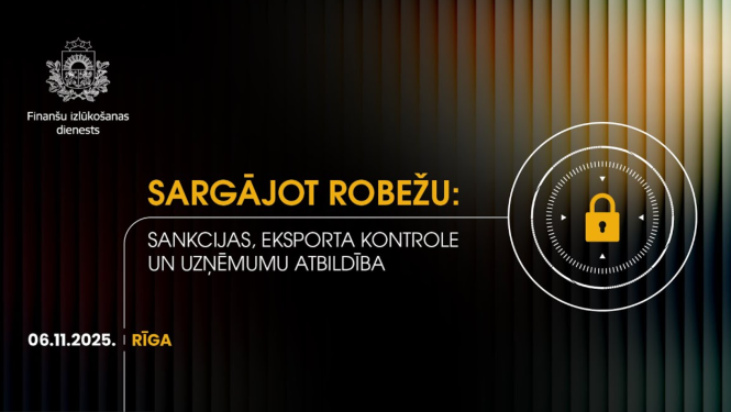 Konferences “Sargājot robežu: sankcijas, eksporta kontrole un uzņēmumu atbildība” plakāts