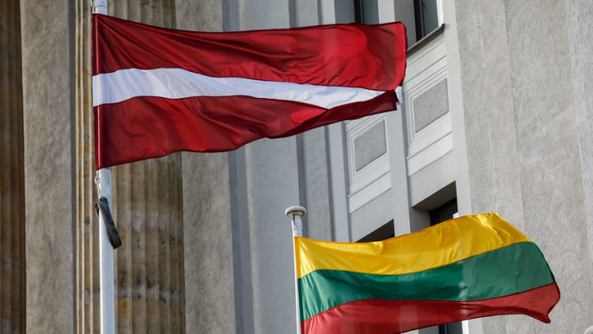  Latvian and Lithuanian flags at the building of the Ministry of Foreign Affairs