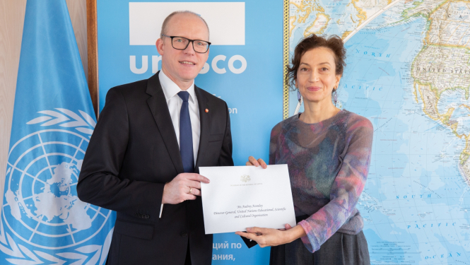 Andris Pelšs un Audrey Azoulay