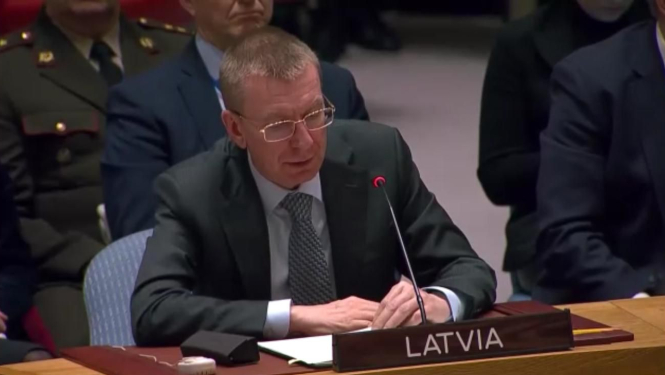 Edgars Rinkēvičs uzrunā ANO Drošības padomi Baltijas valstu un Ziemeļvalstu vārdā