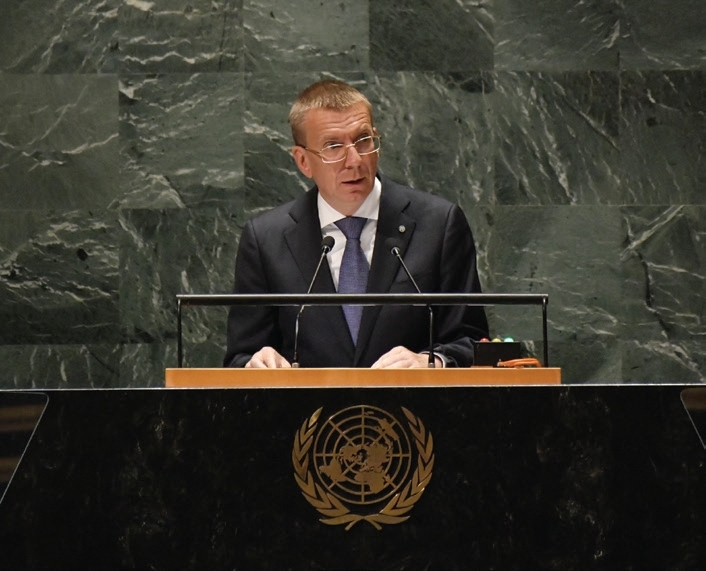 Latvijas Valsts prezidents Edgars Rinkēvičs uzrunā ANO Ģenerālajā asamblejā 2023. gada 22. septembrī