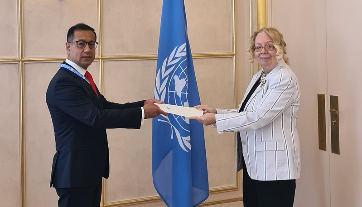 Ambassador of Latvia to the United Nations in Geneva (UNOG), Bahtijors Hasans, presents credentials to UNOG Director-General