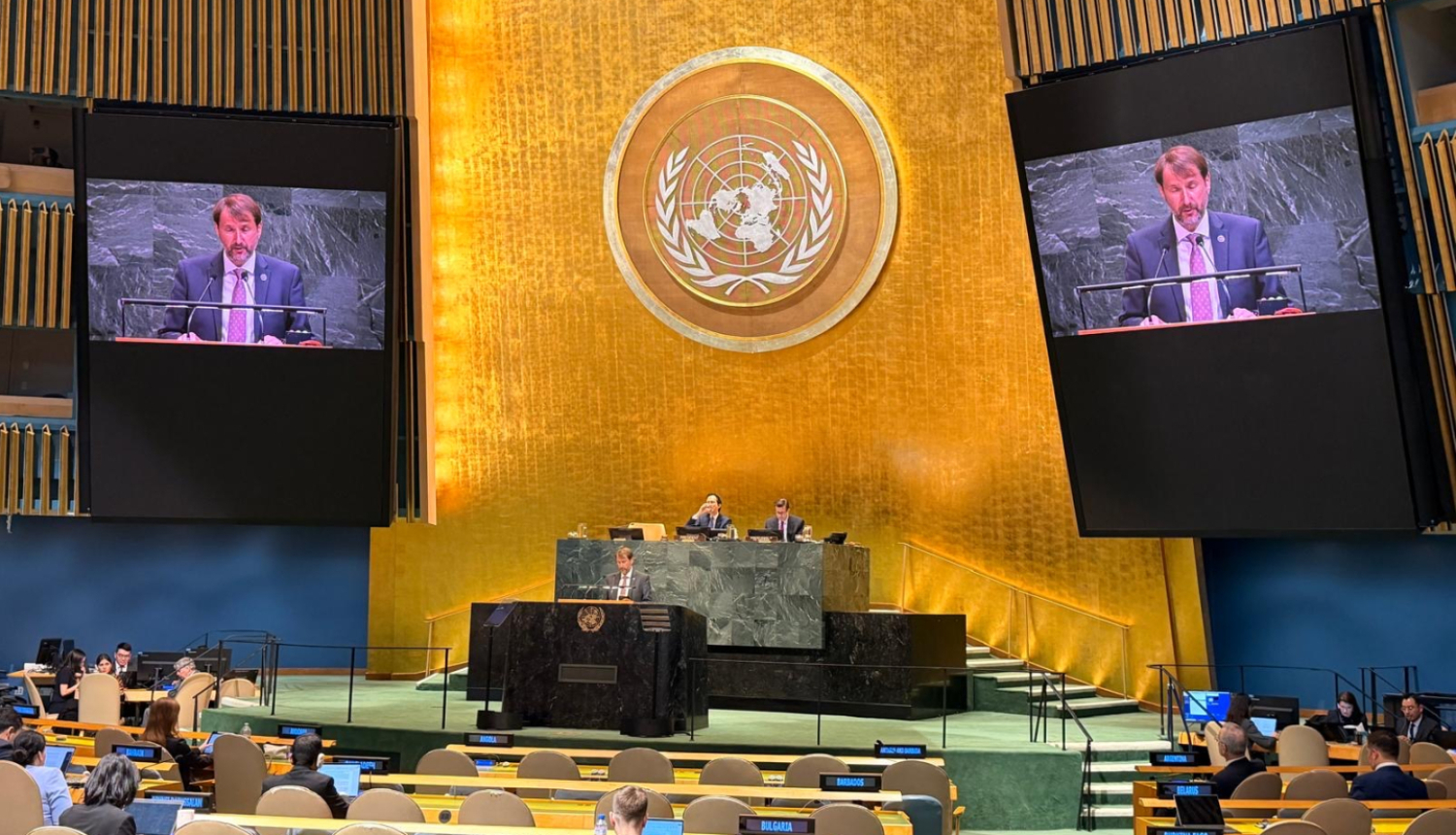 Valsts sekretārs Andžejs Viļumsons uzrunā sanāksmes dalībniekus Ņujorkā