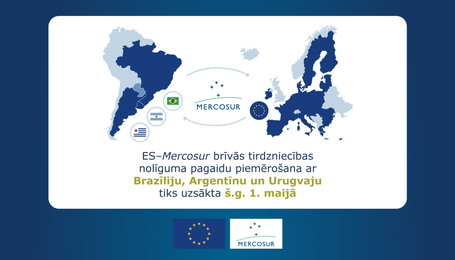 ES-Mercosur brīvās tirdzniecības nolīguma pagaidu piemērošana ar Brazīliju, Argentīnu un Urugvaju tiks uzsākta š.g. 1. maijā