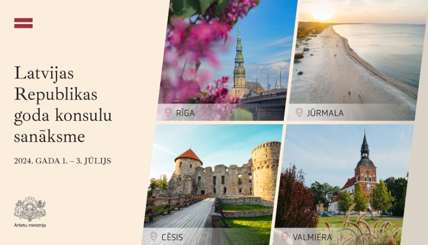 Pasākuma baneris ar nosaukumu, datumu un norises pilsētu fotogrāfijām