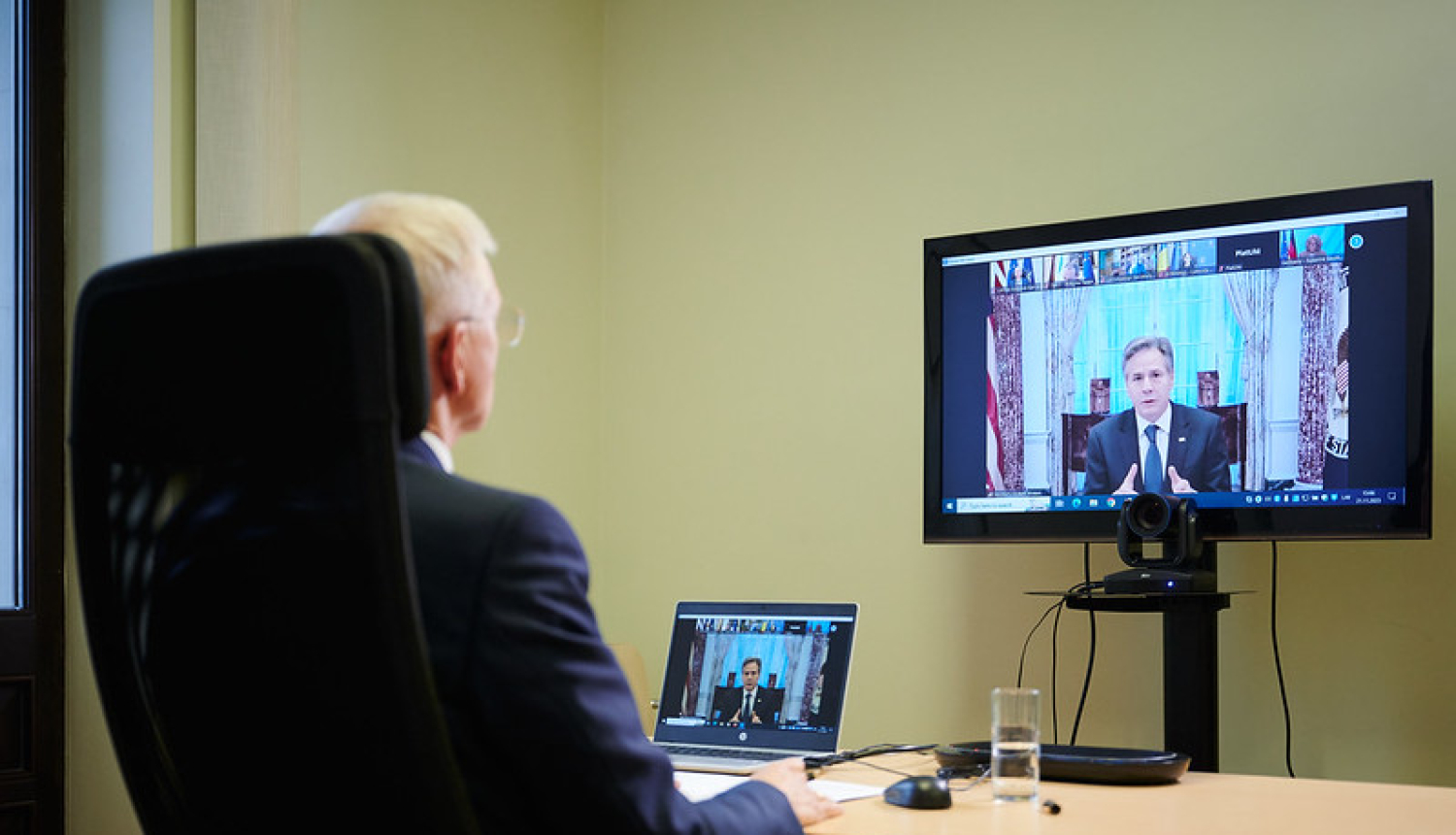 Minister of Foreign Affairs, Krišjānis Kariņš, participating in a G7+ Foreign Ministers video meeting