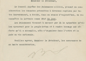 Sabiedroto konferences prezidenta Aristīda Briāna nota par Latvijas valsts de iure atzīšanu