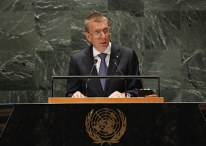 President of Latvia, Edgars Rinkēvičs, addresses the UN General Assembly, 22 Sept. 2023